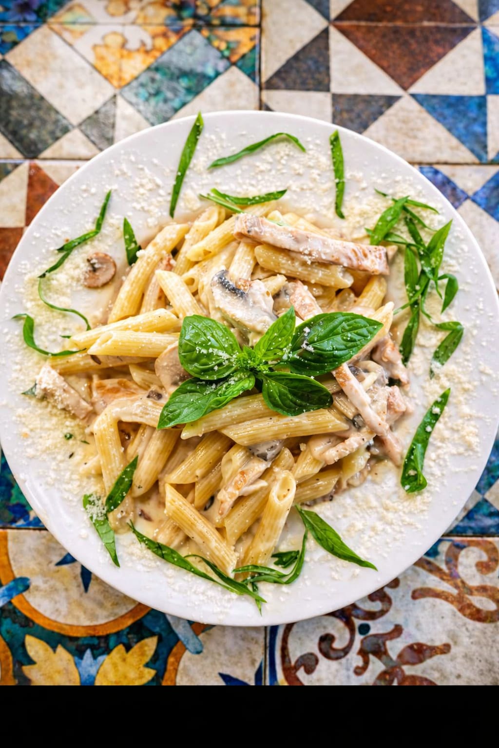 Creamy chicken penne with mushrooms, parmesan and fresh basil
