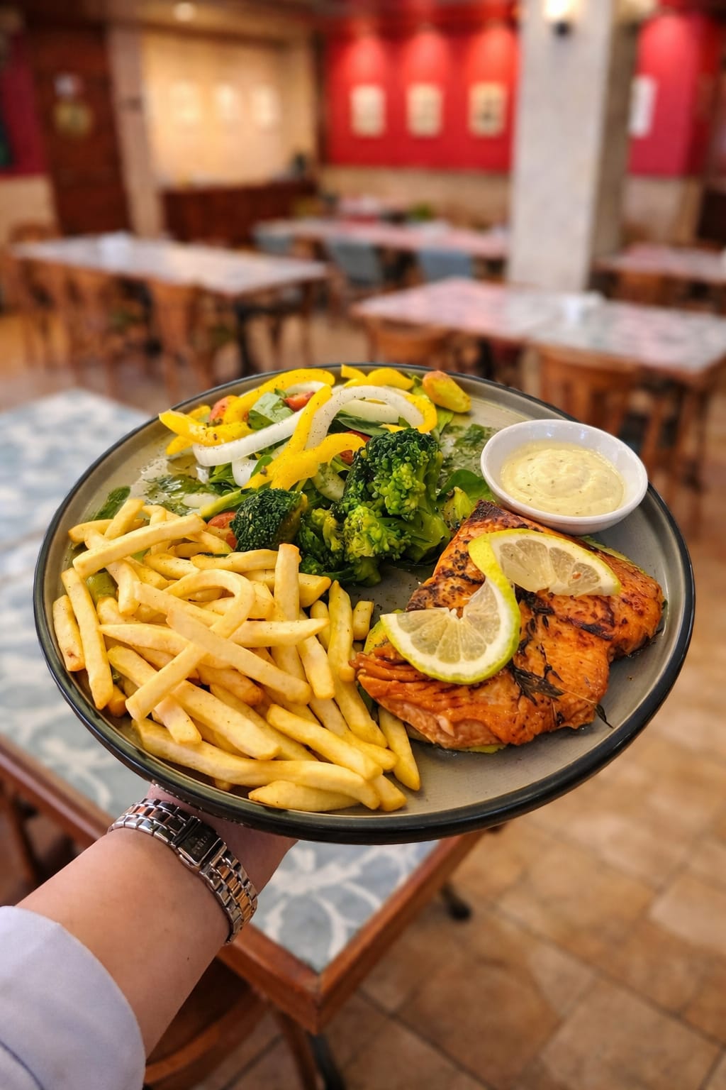 Grilled salmon with fries, vegetables and creamy sauce